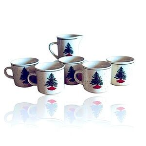 Folkcraft Holiday Stoneware Green Red Christmas Tree Mugs & Creamer Set.